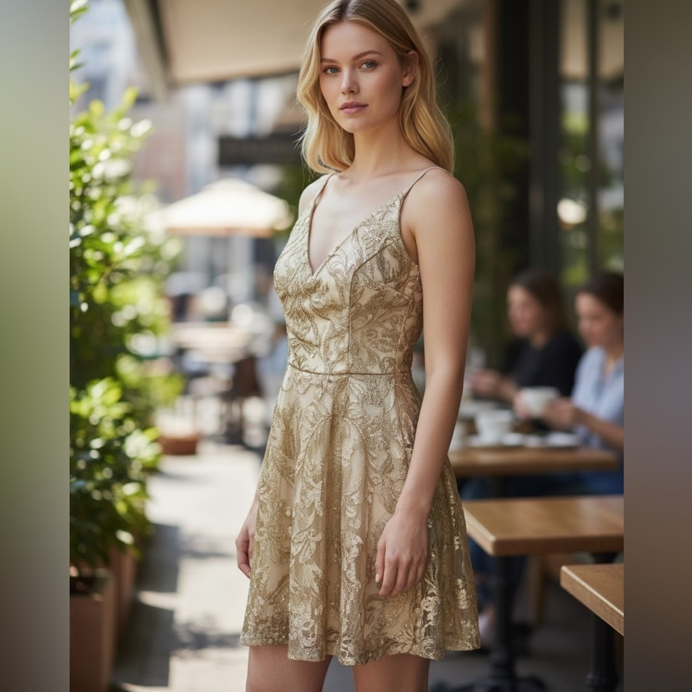 Speechless fit and flare gold lace dress., sz11